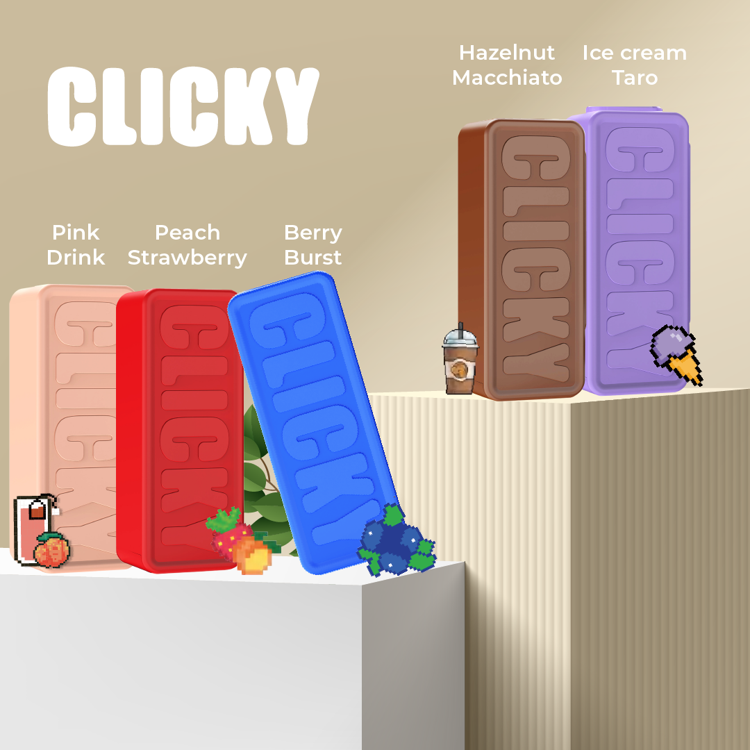 Colorful 'Clicky' ice cream containers with flavors listed on a beige background