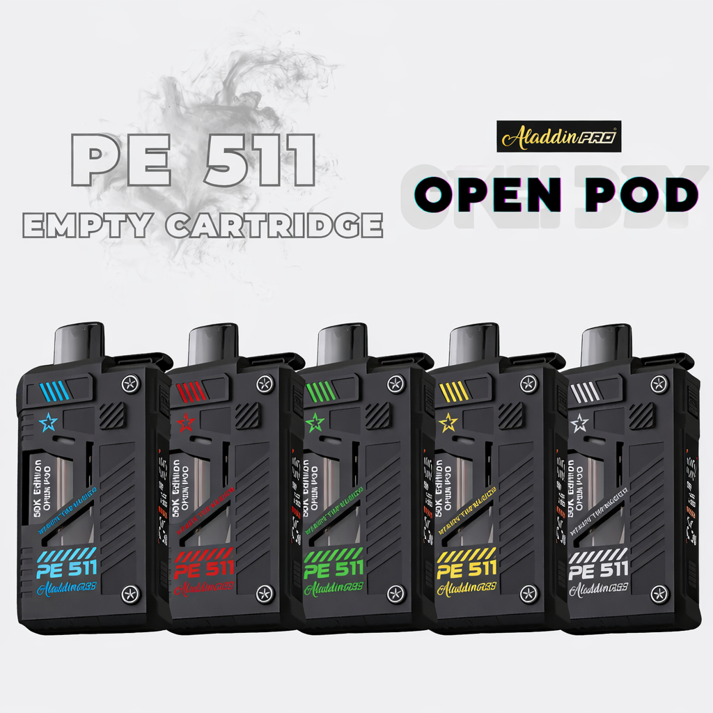 Collection of PE 511 empty cartridge open pods with Aladdin Pro branding on a white background.