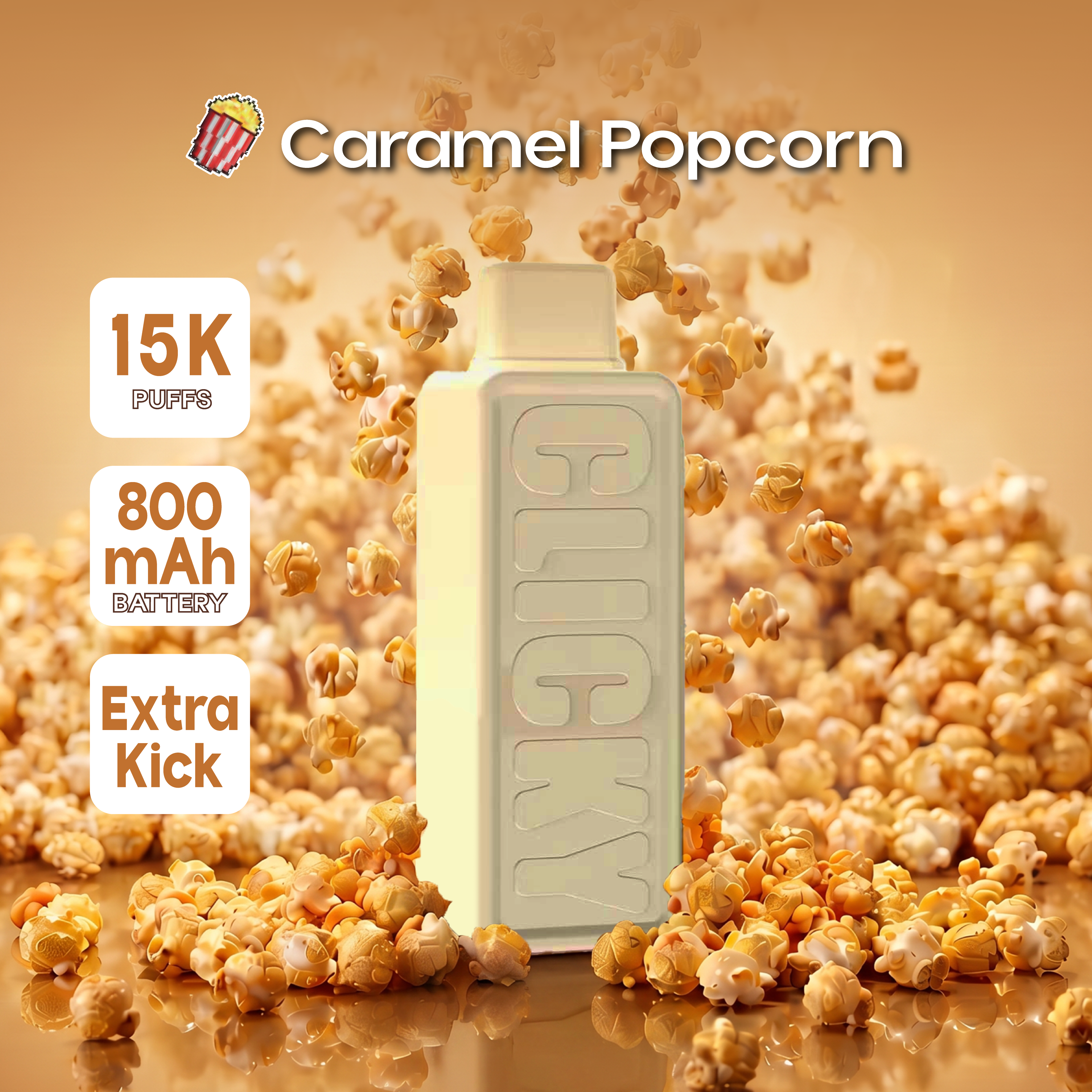 Clicky Caramel Popcorn 15k puff disposable vape. This delightful blend combines the rich, buttery flavor of movie-night popcorn with the sweet, creamy finish of golden caramel, delivering a nostalgic experience in every puff. Perfect for those who crave a warm, comforting treat, this vape pod brings the essence of caramel popcorn right to your fingertips—ideal for dessert lovers or anyone looking to enjoy a cozy flavor-packed session.