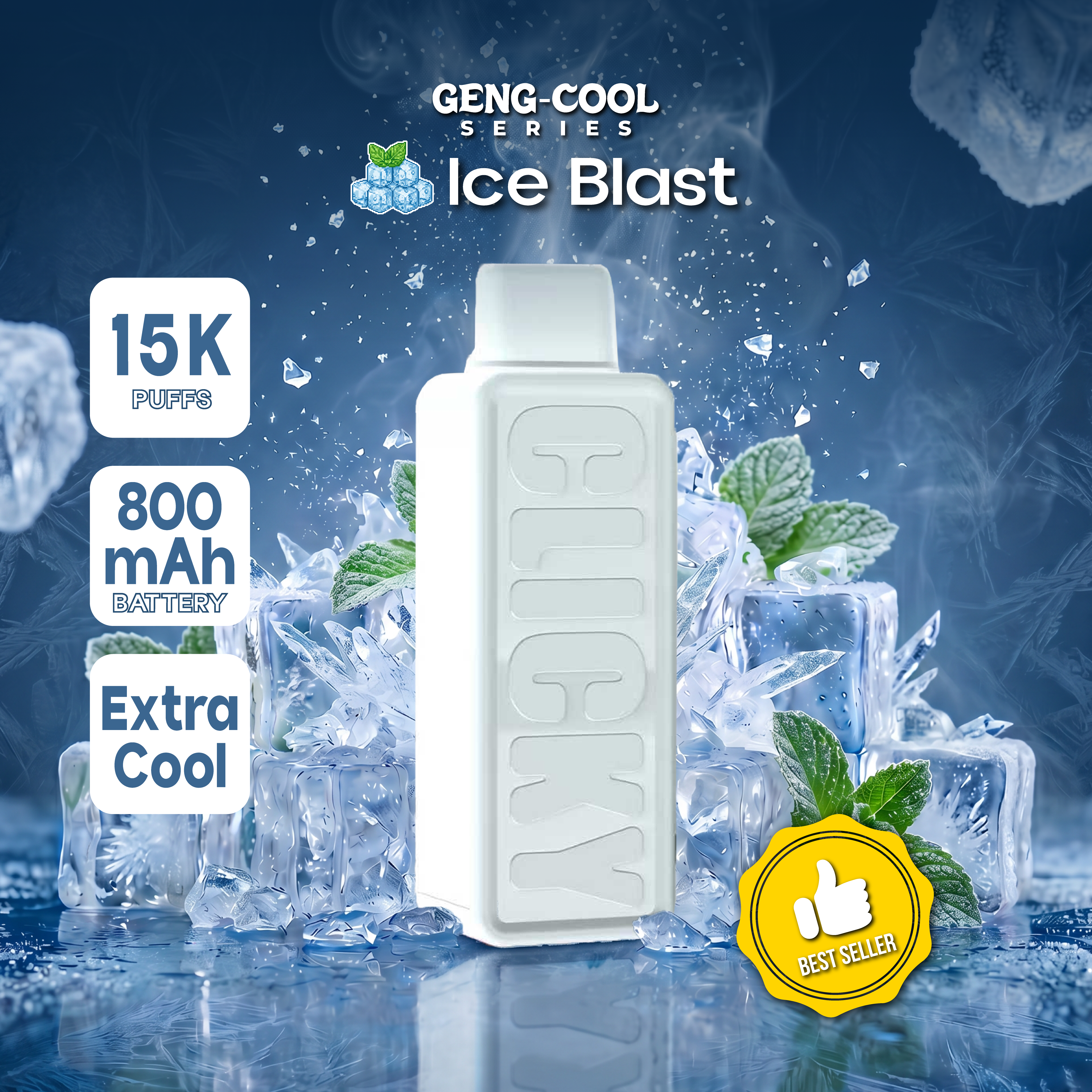 Clicky Geng-Cool Series Ice Blast Disposable Vape pod with ice cubes and mint at background