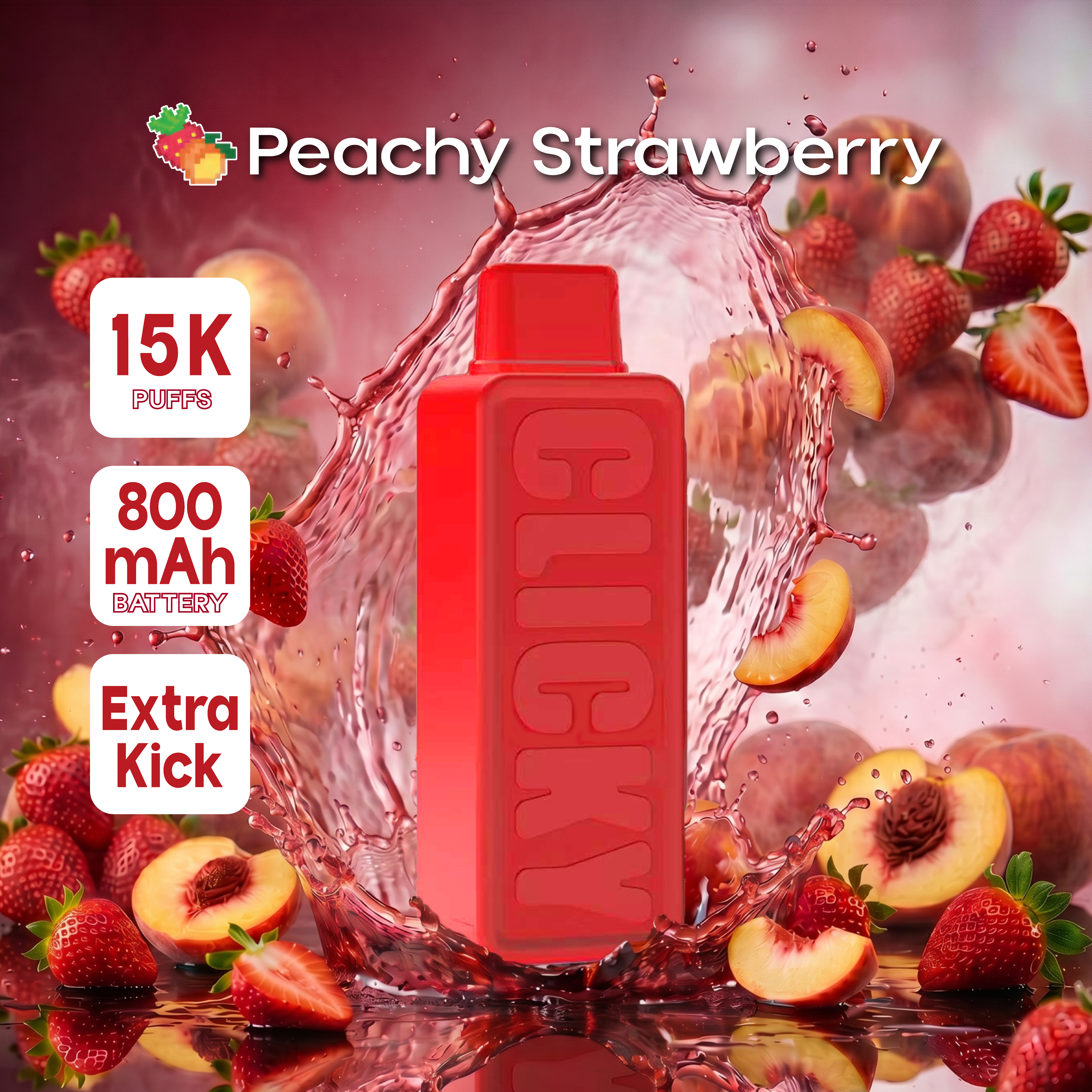 Peachy Strawberry 15000 disposable vape pod. This expertly crafted blend combines the vibrant sweetness of ripe strawberries with the smooth, luscious flavor of fresh peaches, delivering a refreshingly balanced and fruity experience with every puff. A perfect burst of flavor that will transport your taste buds to a sun-drenched orchard