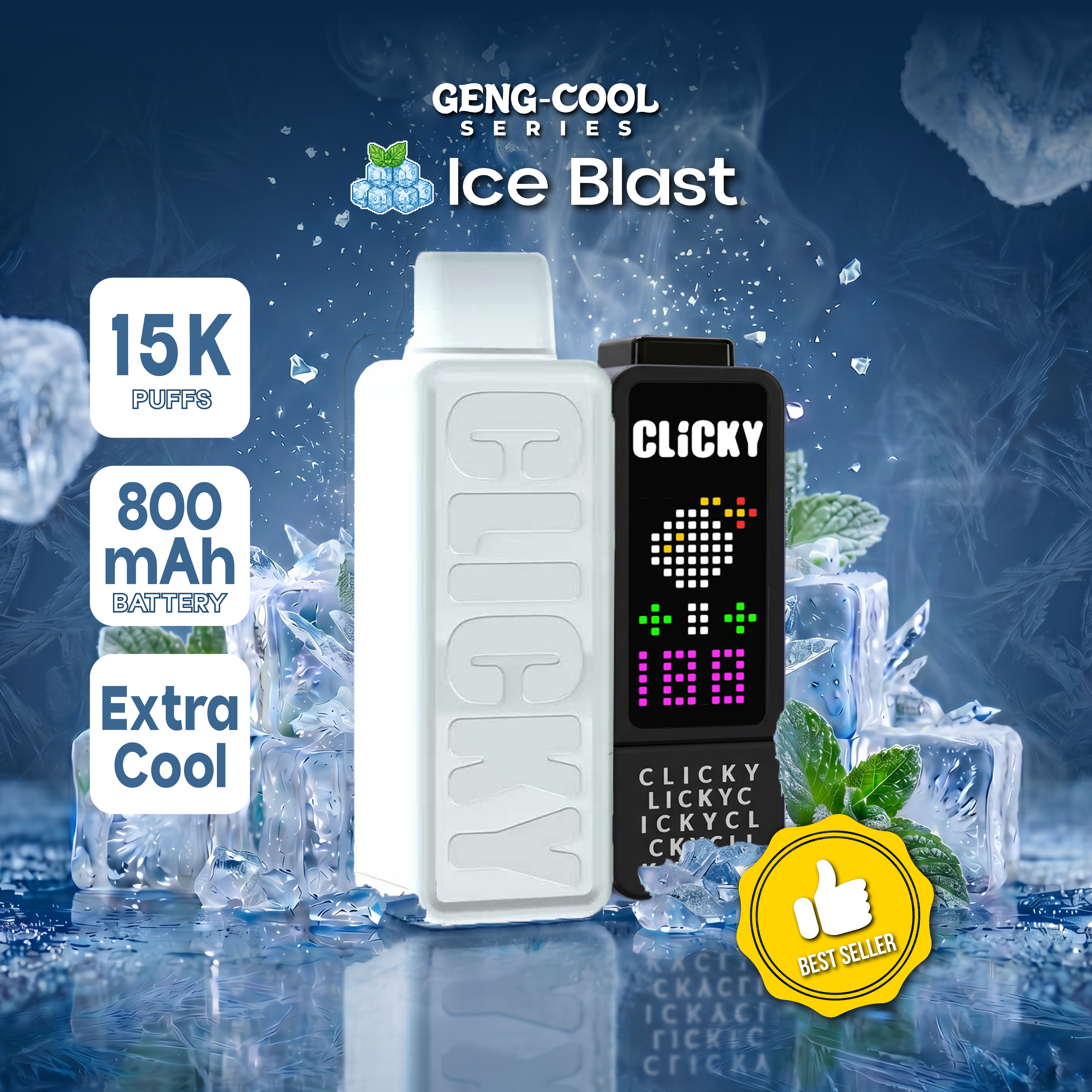 Clicky Geng-Cool Series Ice Blast Vape pod Device Set, with ice cubes and mint at background