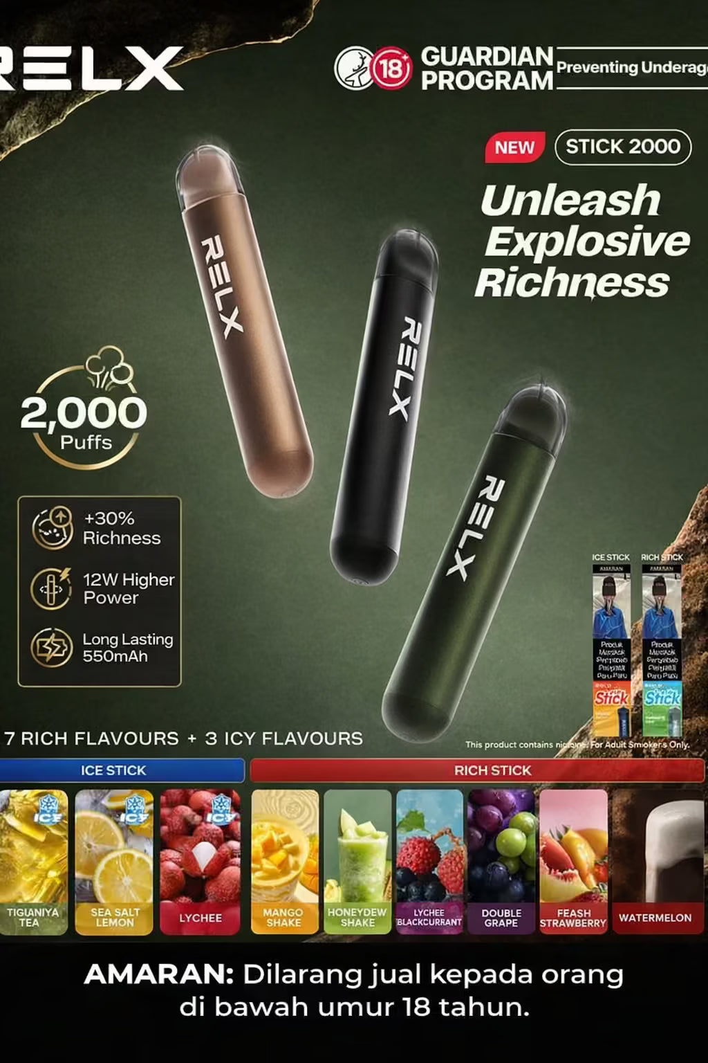 RELX stick vape devices with flavour options on a dark background
