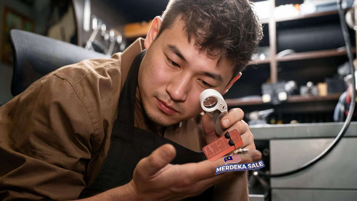 An Asian man checking out Clicky Vape flavour with a merdeka sale tag aside