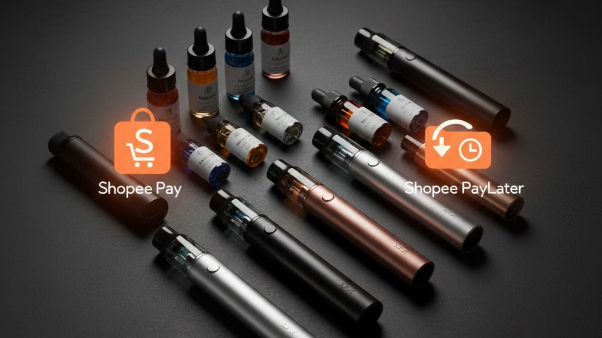 A sleek modern flat-lay of clicky vape malaysia devices, pods, arranged neatly on a clean colourful background.