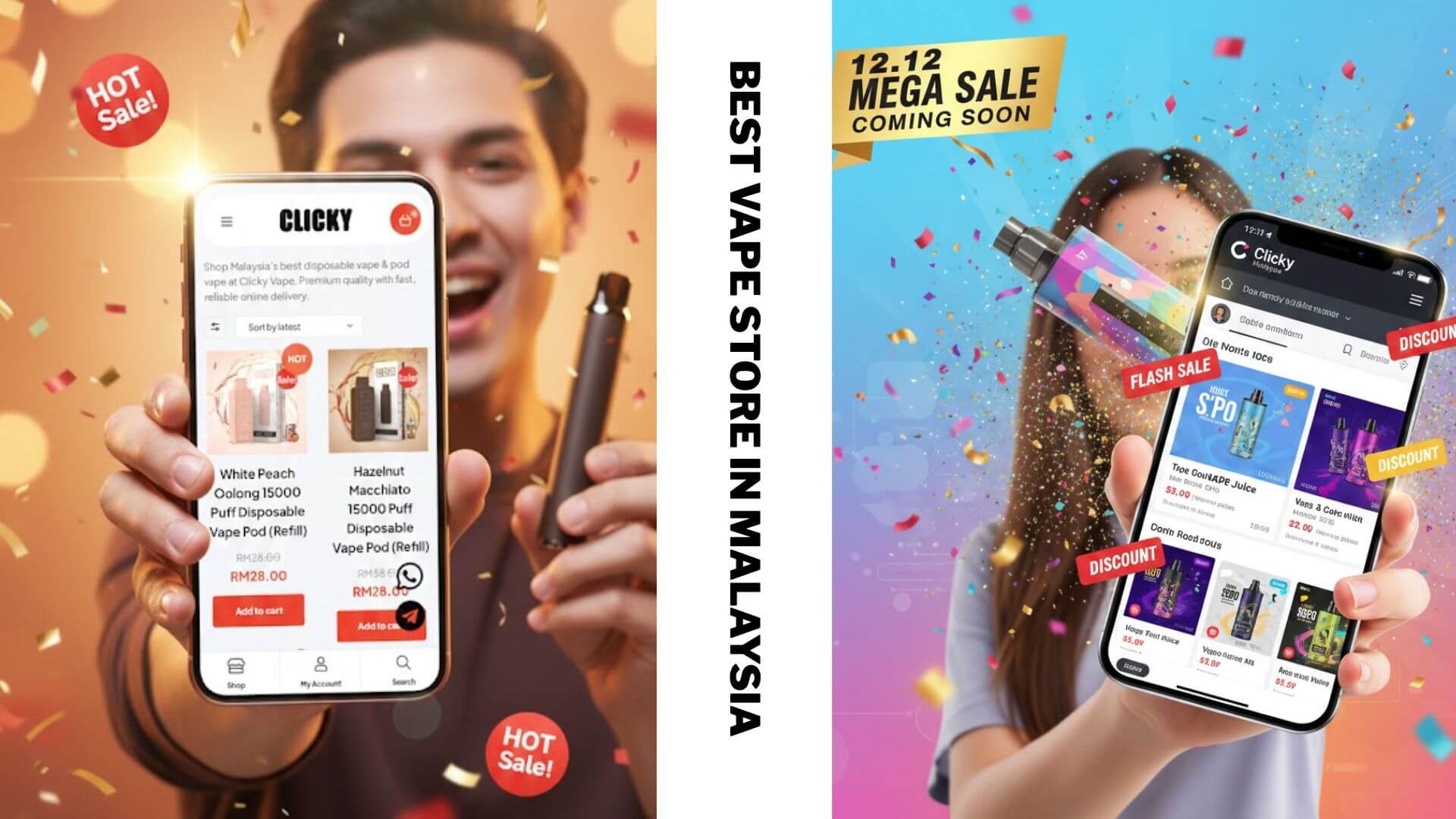 A festive, energetic composition showing a person holding a vape device with a smartphone displaying the Clicky Malaysia online store. Floating elements include discount tags, confetti, and a subtle “12.12 Mega Sale Coming Soon” text.