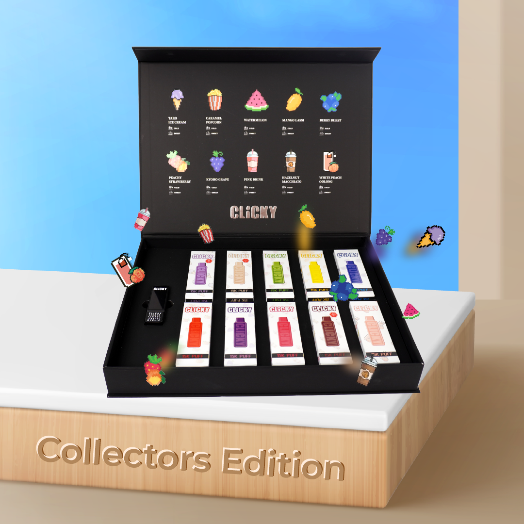 Collectors Edition Clicky product set with colorful packaging on a blue background