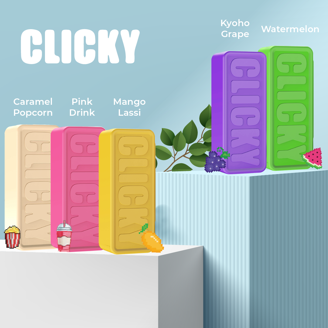Colorful Clicky Vape candy bars with flavors listed on a light blue background