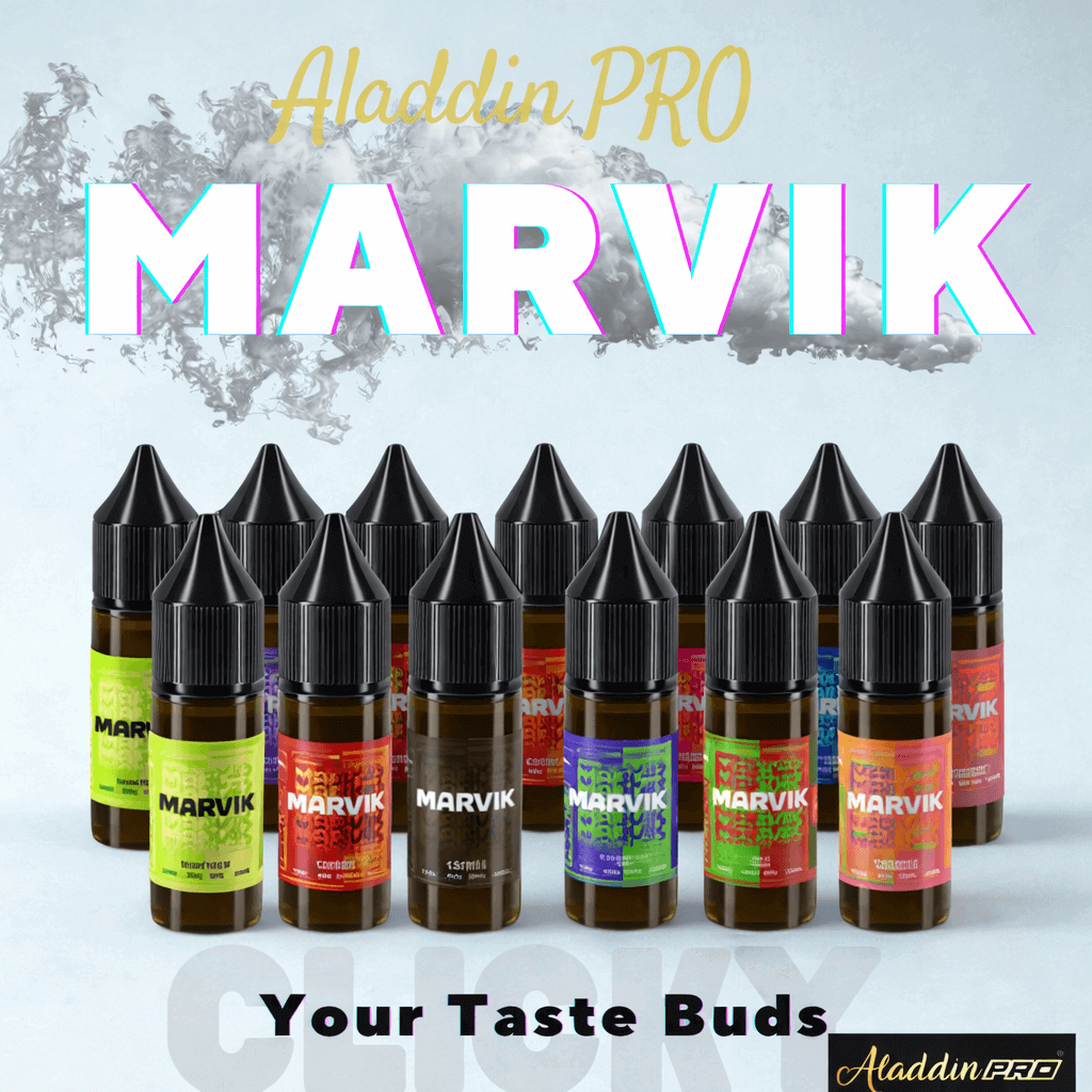 Multiple bottles of Marvik e-liquid with colorful labels on a light gray background, featuring the brand 'Aladdin Pro'.