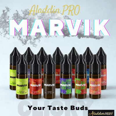 Multiple bottles of Marvik e-liquid with colorful labels on a light gray background, featuring the brand 'Aladdin Pro'.