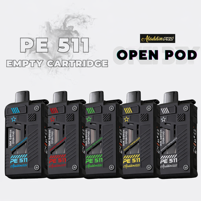 Collection of PE 511 empty cartridge open pods with Aladdin Pro branding on a white background.