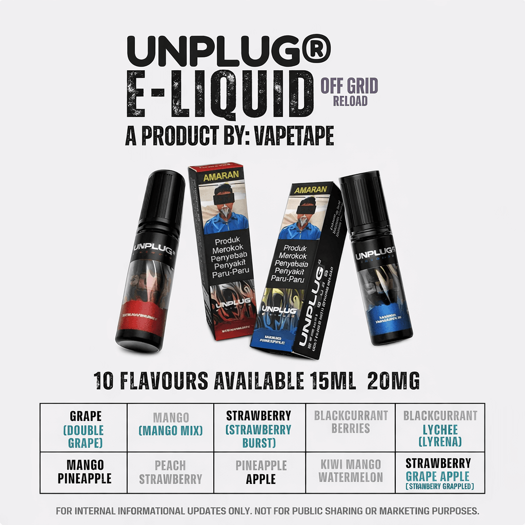 Unplug e-liquid products by ASDF Vape Tape with packaging and flavor options on a white background.
