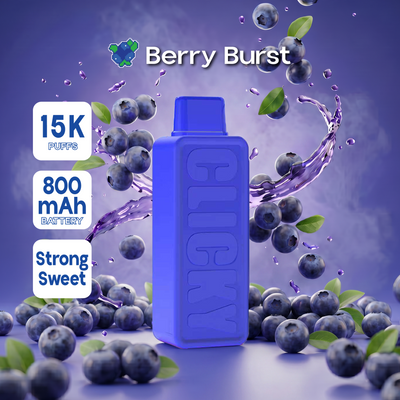 Berry Burst disposable vape pod featuring a vibrant design with a mix of strawberries, blueberries, and raspberries for a fruity, refreshing experience.