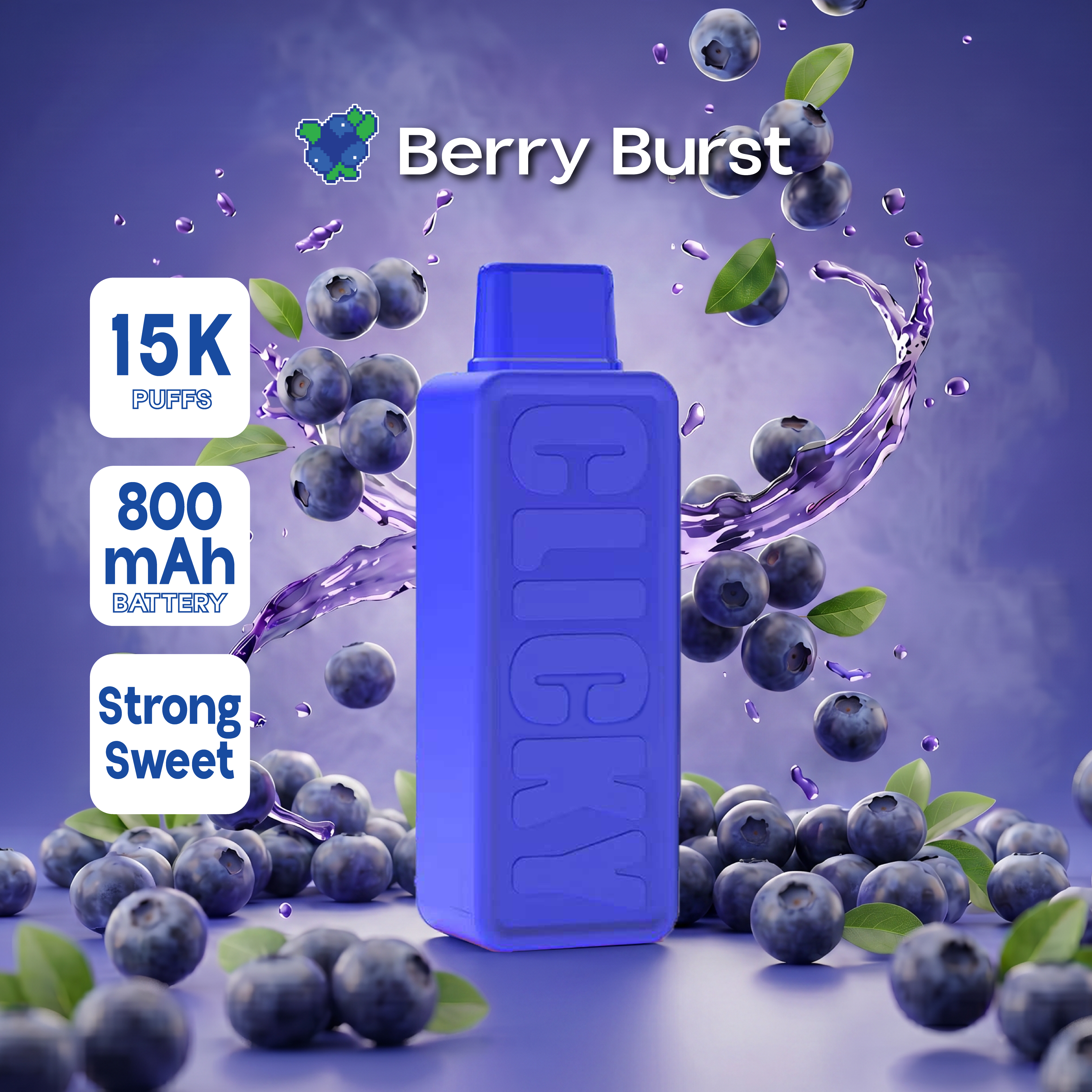 Berry Burst disposable vape pod featuring a vibrant design with a mix of strawberries, blueberries, and raspberries for a fruity, refreshing experience.