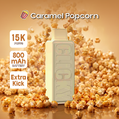 Clicky Caramel Popcorn 15k puff disposable vape. This delightful blend combines the rich, buttery flavor of movie-night popcorn with the sweet, creamy finish of golden caramel, delivering a nostalgic experience in every puff. Perfect for those who crave a warm, comforting treat, this vape pod brings the essence of caramel popcorn right to your fingertips—ideal for dessert lovers or anyone looking to enjoy a cozy flavor-packed session.