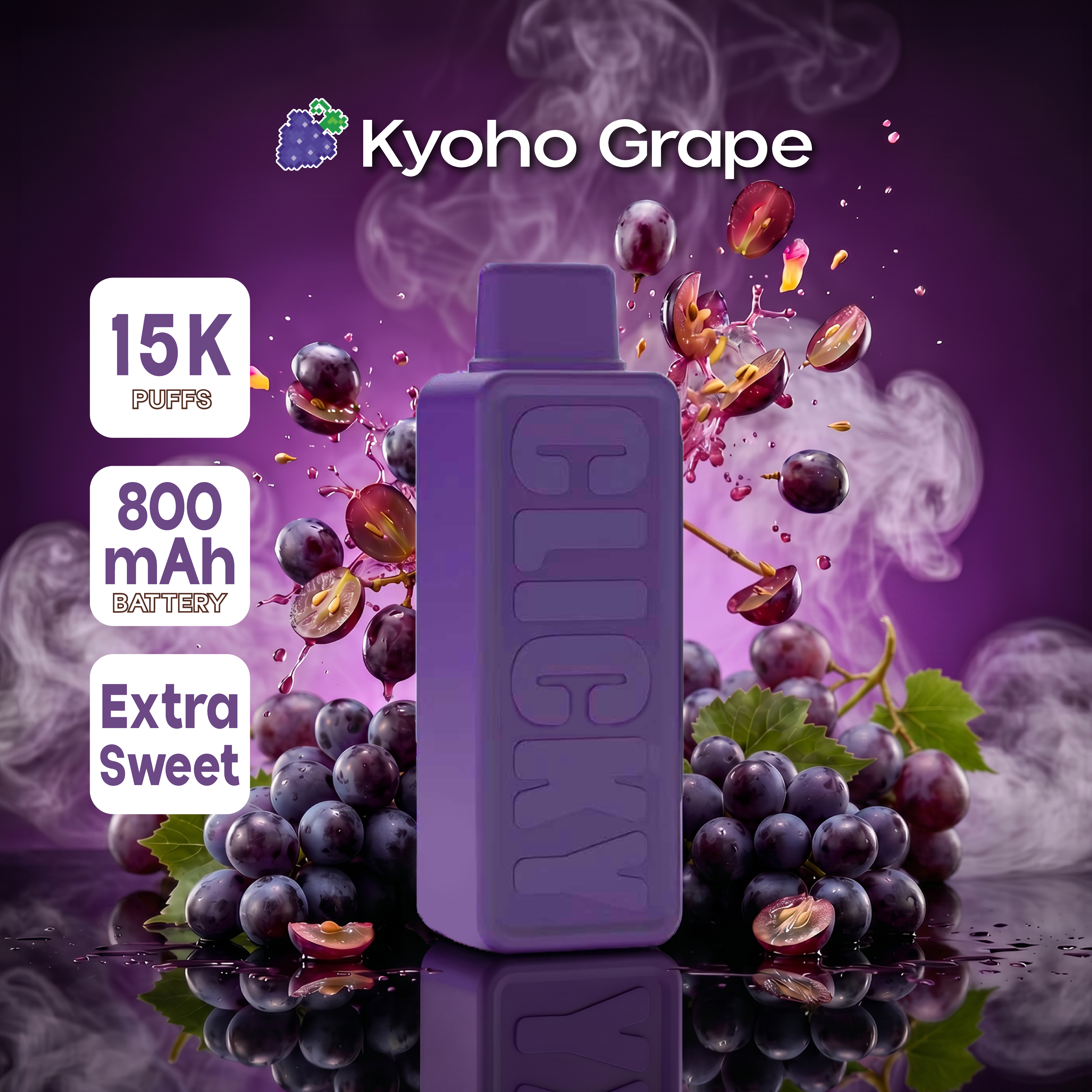 Kyoho Grape disposable vape pod with a design inspired by Japanese Kyoho grapes, offering a rich, sweet, and tart grape flavor.