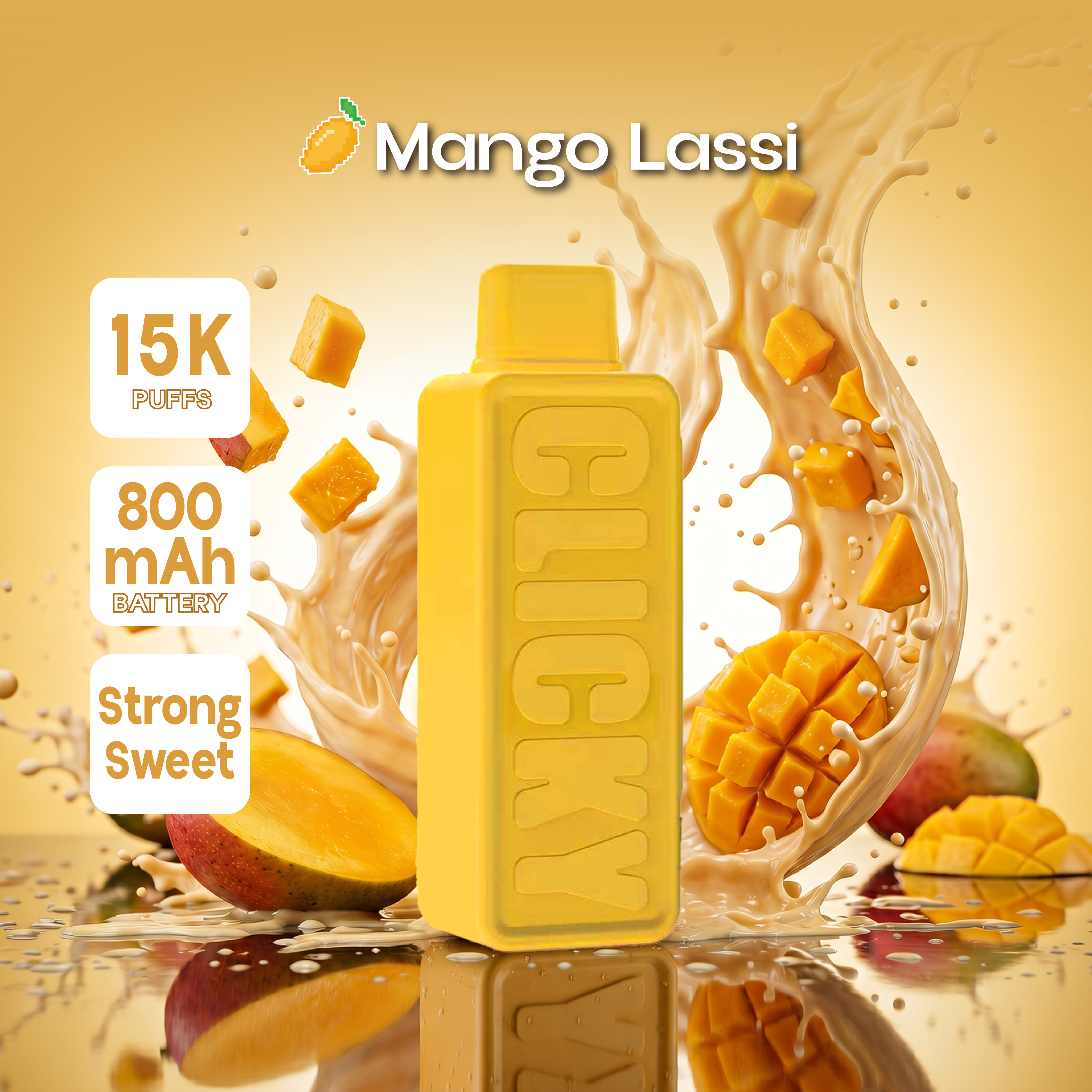Disposable Mango Lassi vape pod featuring a tropical blend of mango, yogurt, and cardamom with a refreshing, creamy design.