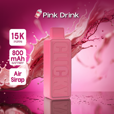 Pink disposable vape with 'CLICKY' branding and a colorful box design, labeled 'PINK DRINK 15K PUFF' beside a refreshing pink drink illustration.
