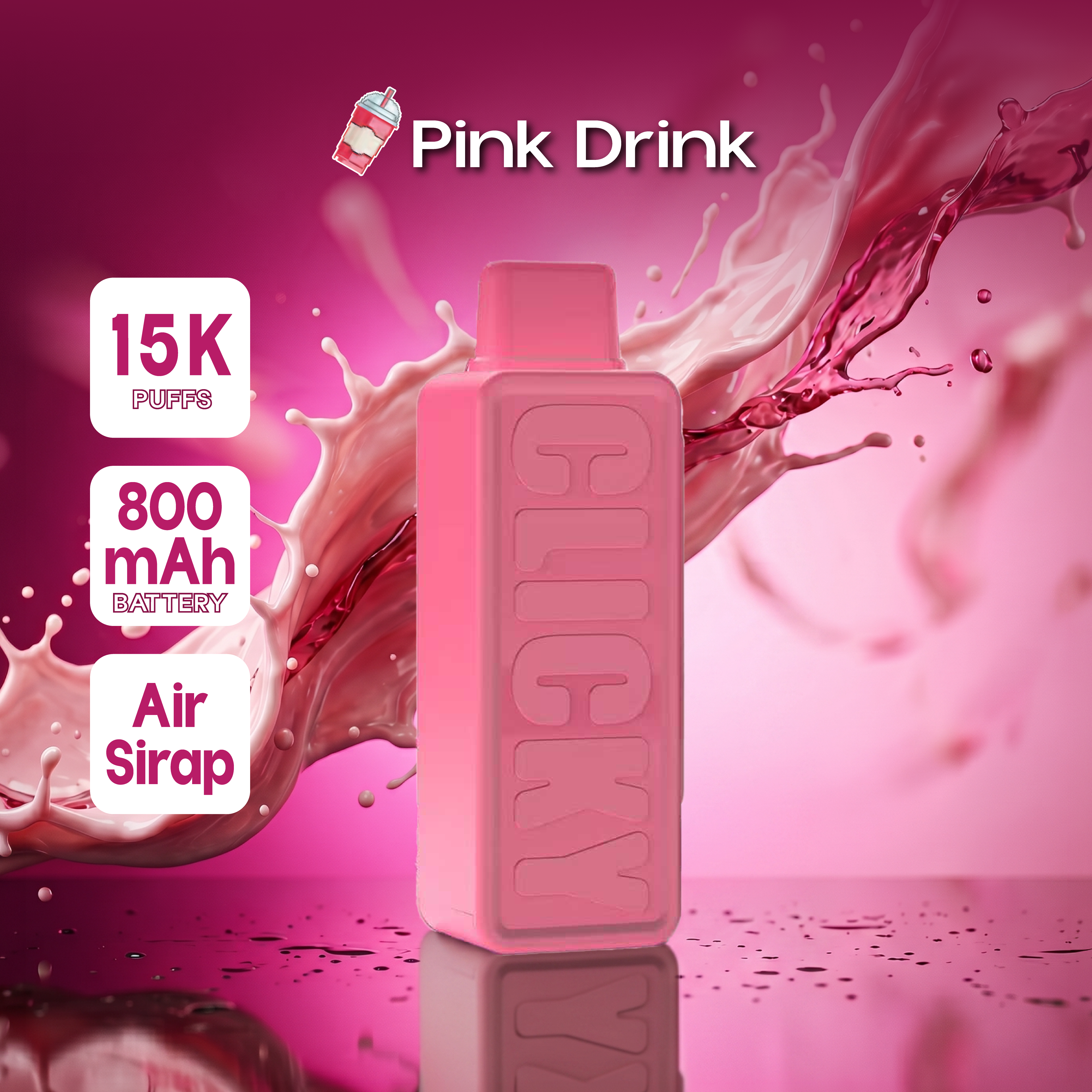 Pink disposable vape with 'CLICKY' branding and a colorful box design, labeled 'PINK DRINK 15K PUFF' beside a refreshing pink drink illustration.