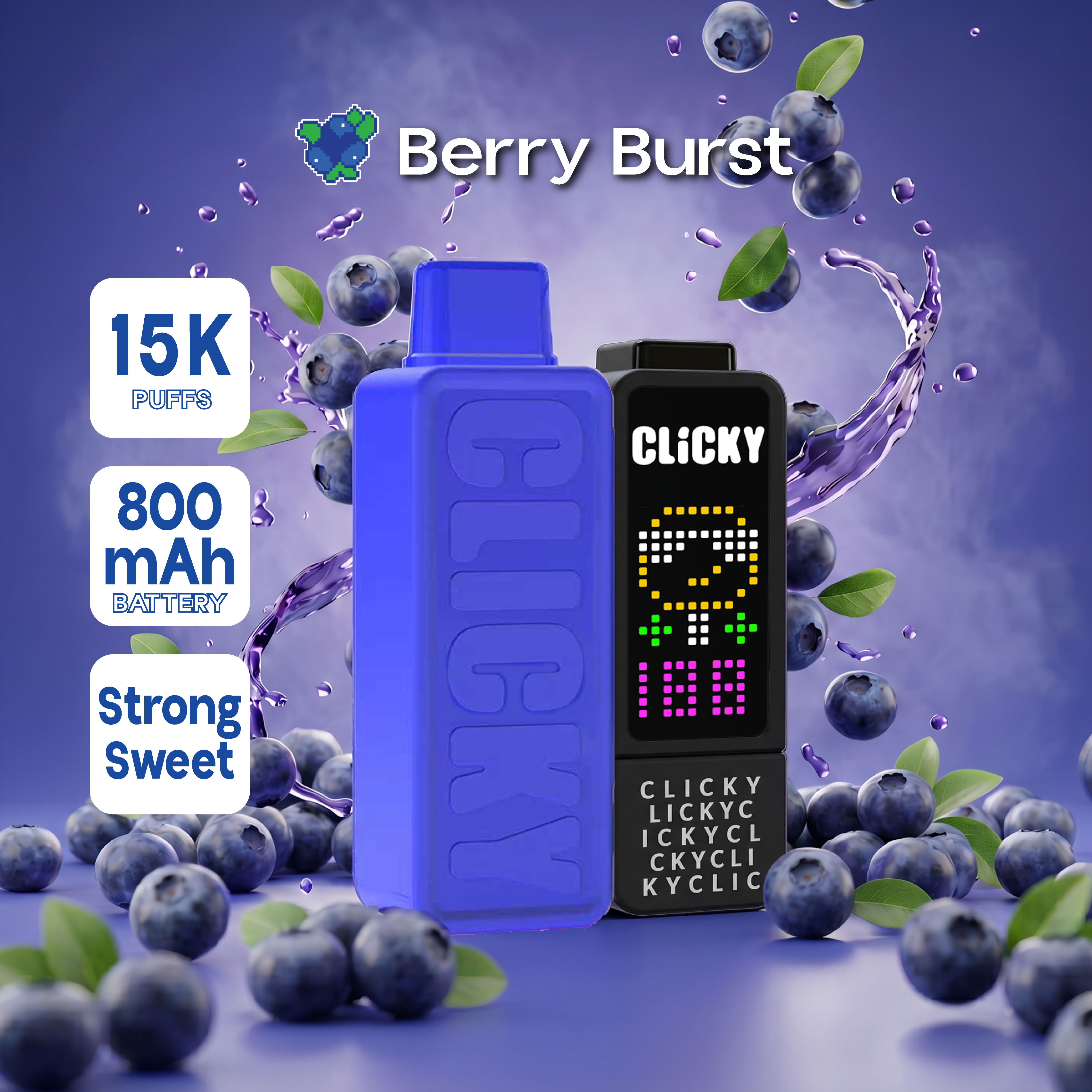 Berry Burst rechargeable vape pod featuring a vibrant blend of strawberries, blueberries, and raspberries for a sweet and tart fruity flavor.