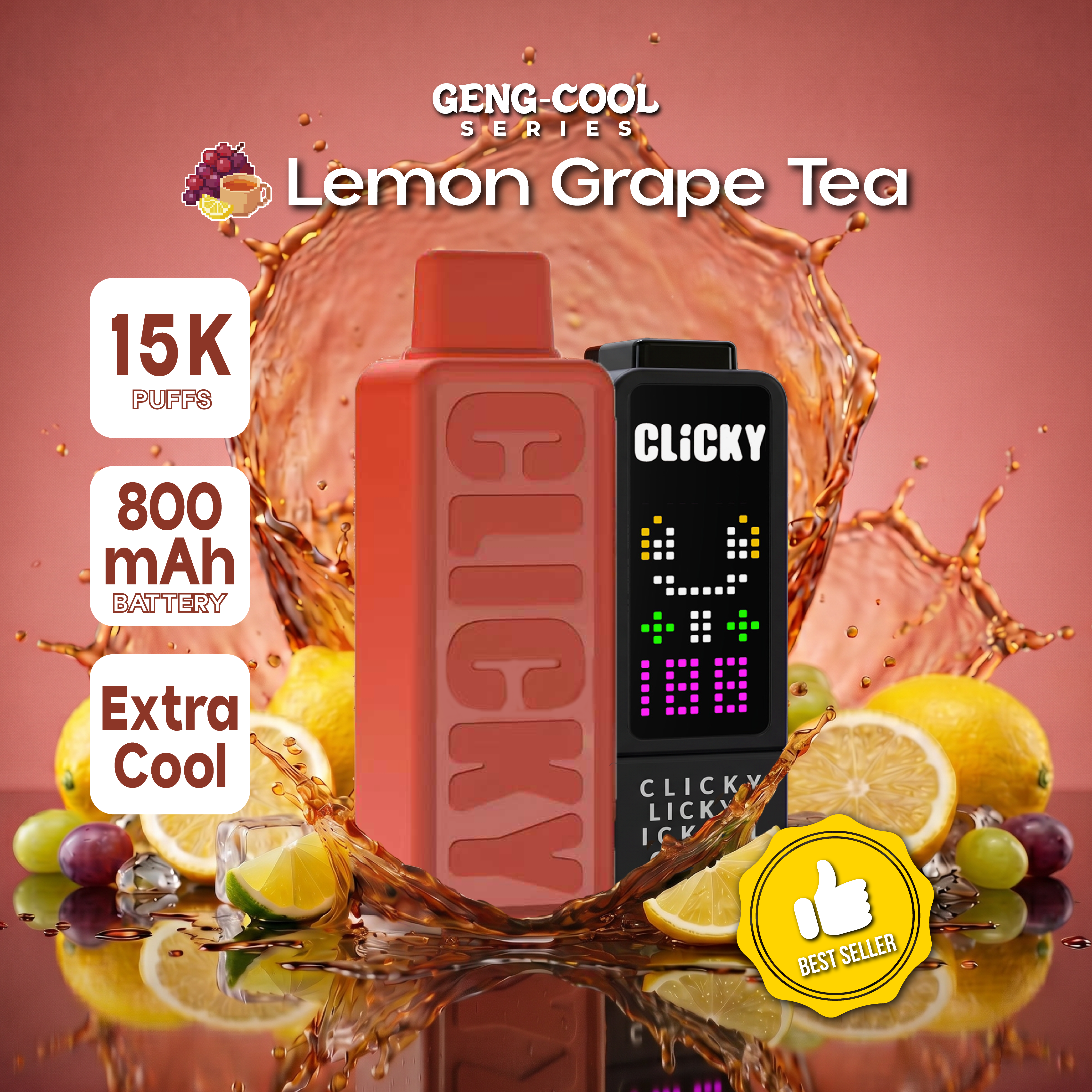Clicky Geng-Cool Series Lemon Grape Tea Vape pod Device Set, with lemons, grapes and tea at background