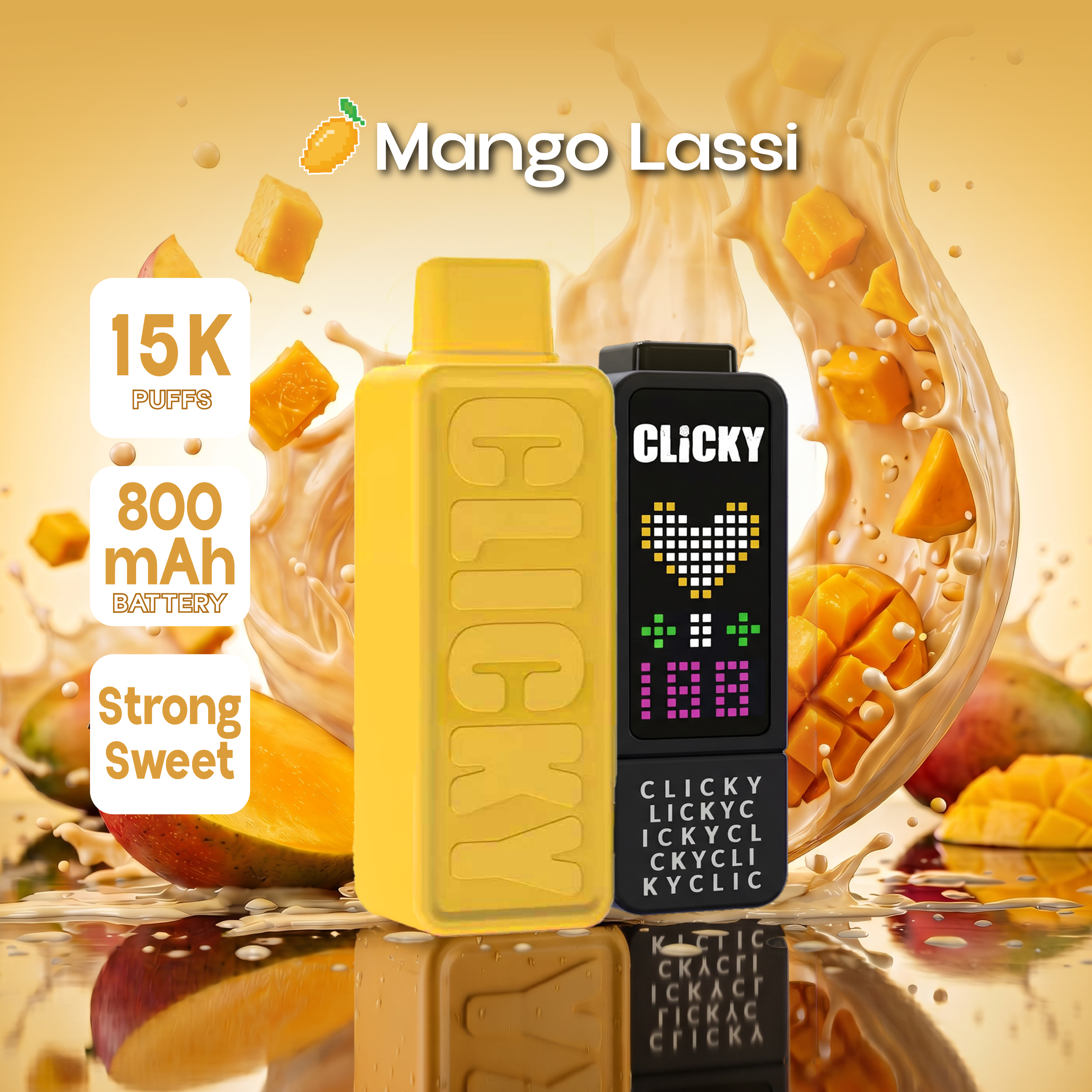 Mango Lassi rechargeable vape pod featuring a creamy blend of ripe mangoes, yogurt, and aromatic cardamom for a tropical, fruity experience.