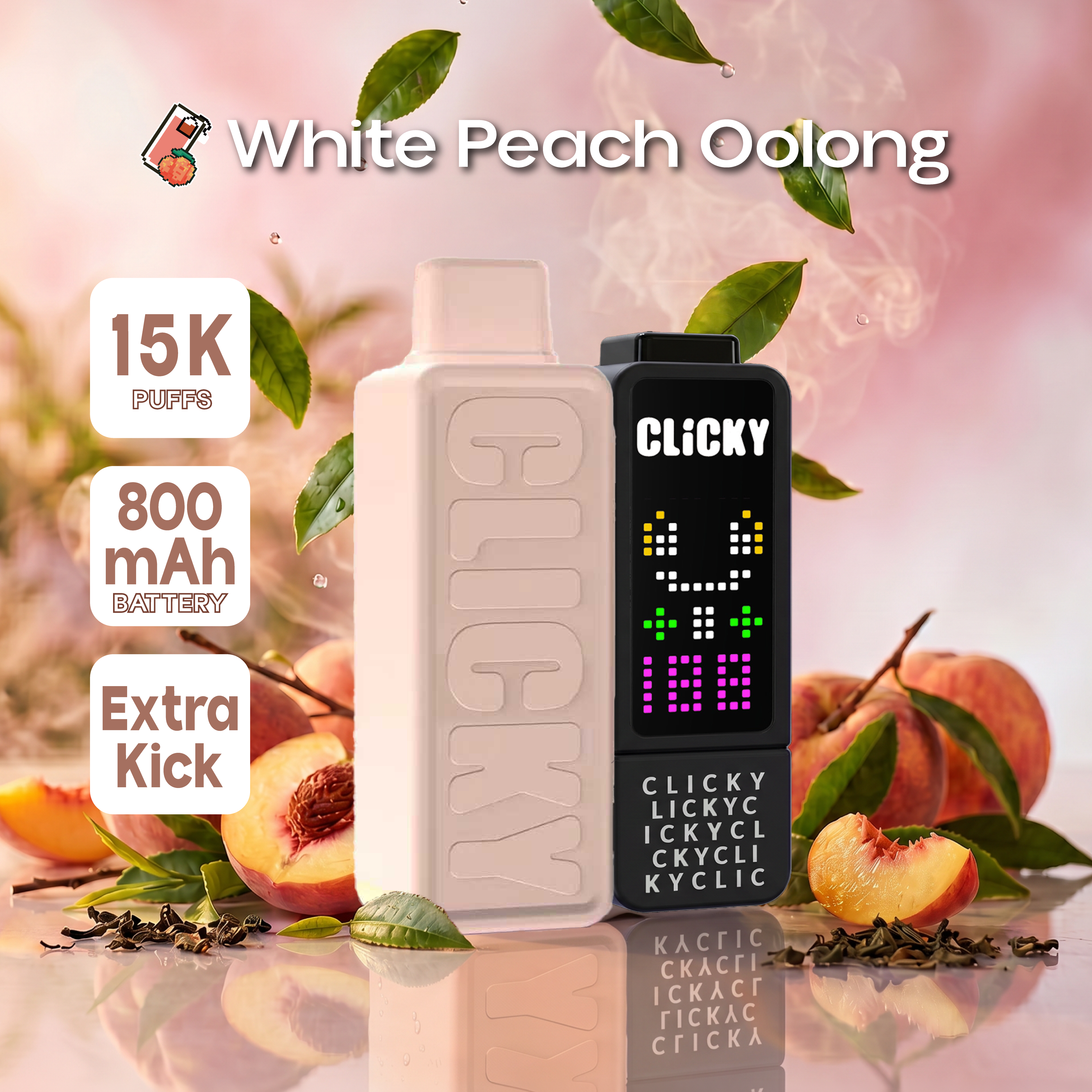White Peach Oolong refillable vape pod featuring a blend of juicy peaches and aromatic oolong tea for a smooth, refreshing, and sophisticated flavor.